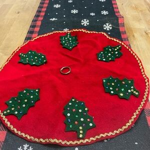 Festive Red Christmas Tree doily with Holly Design